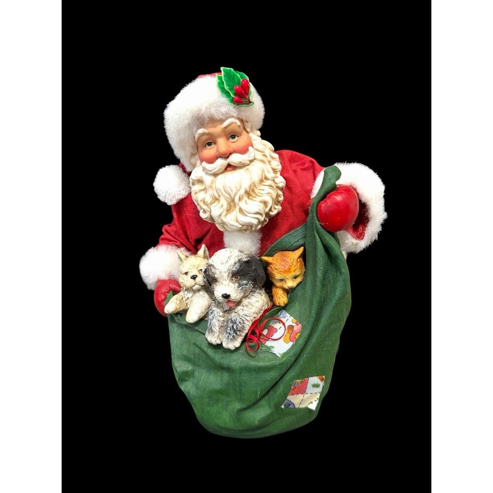 Vtg Kurt Adler Santa Claus Fabriché Figurine with Puppy Dogs & Kitty In Toy Bag